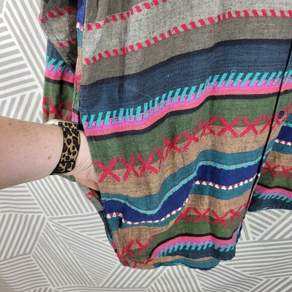 Vintage 90s Top Shirt Button Up Size Medium Aztec Southwest Pockets Tunic - Picture 4 of 6